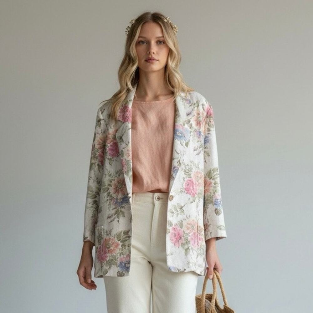 Vintage Alice Stuart Floral Linen Blend Blazer Single Button Cottagecore L